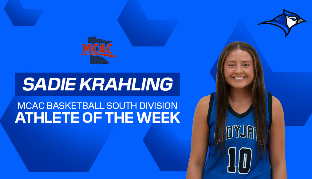 Blue graphic announcing “Sadie Krahling, MCAC Basketball South Division Athlete of the Week.” A basketball player wearing a blue Minnesota West jersey with the number 10 stands on the right. MCAC logo appears at the top left, with a Minnesota West mascot logo at the top right, over a geometric blue background.