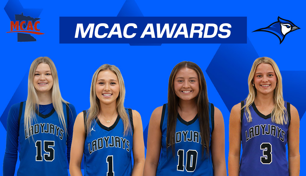 A graphic featuring five basketball players wearing blue and black Ladyjays jerseys stands against a bright blue background. At the top center, a bold banner reads “MCAC Awards.” The Minnesota West Bluejays logo appears in the upper right corner, and the MCAC logo is displayed in the upper left corner.