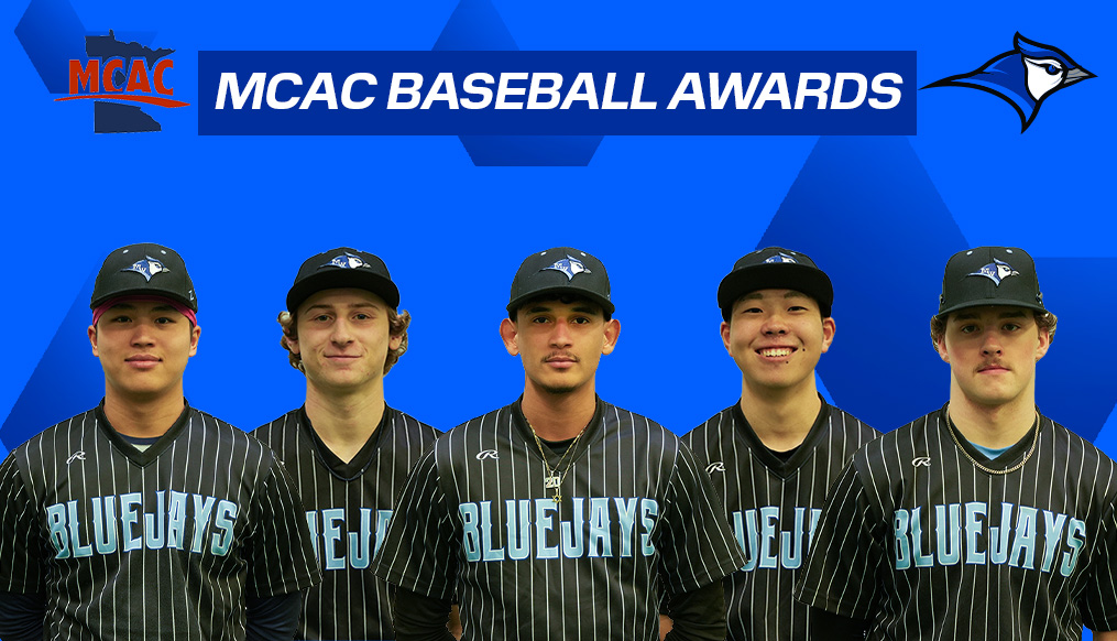 Graphic titled “MCAC BASEBALL AWARDS” on a blue geometric background, featuring the MCAC logo with a Minnesota state outline on the left and a bluejay logo on the right. Five baseball players wearing black pinstriped “BLUEJAYS” jerseys and caps are lined up shoulder-to-shoulder across the bottom of the image.